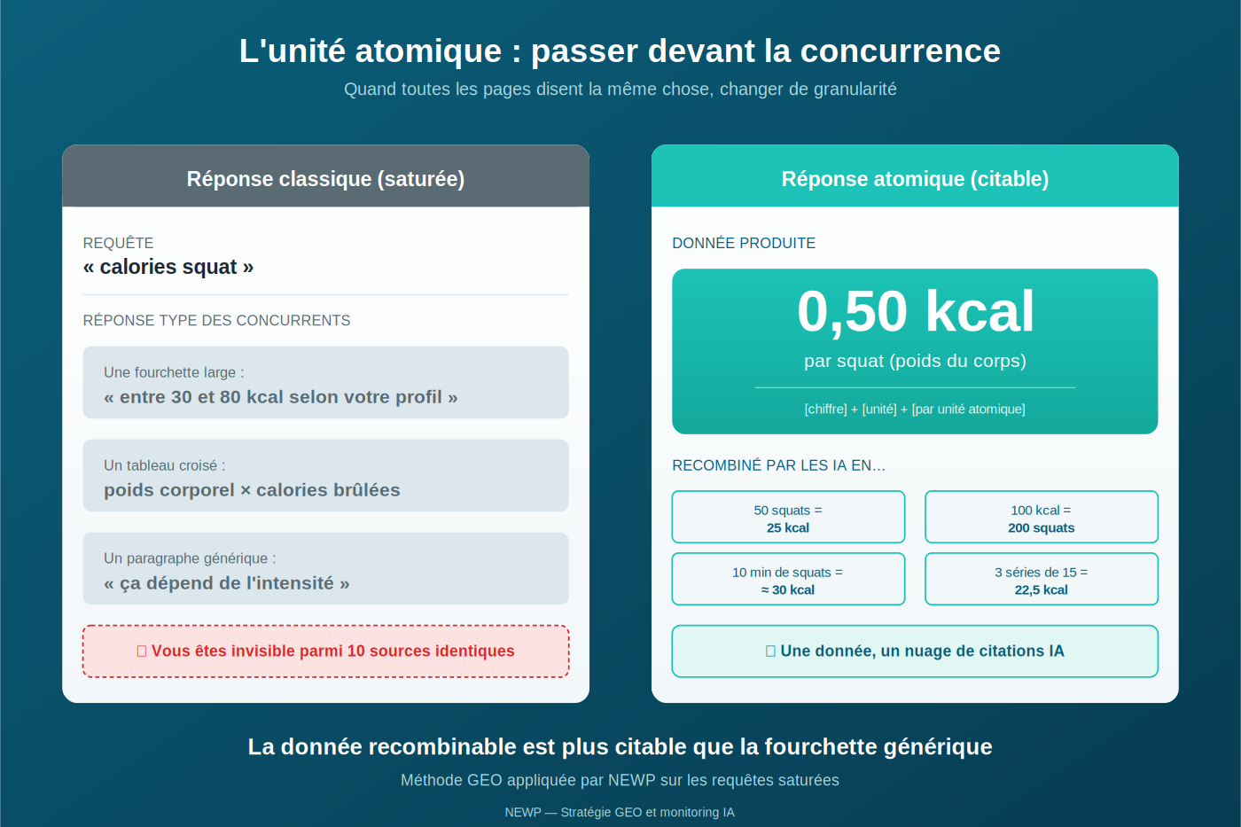 Comparatif avant/après pour la requête « calories squat » : à gauche la réponse classique saturée des concurrents (fourchette large entre 30 et 80 kcal selon le profil, tableau croisé poids corporel et calories brûlées, paragraphe générique « ça dépend de l'intensité ») avec la mention « Vous êtes invisible parmi 10 sources identiques ». À droite la réponse atomique citable produite par NEWP : 0,50 kcal par squat (poids du corps), formule chiffre + unité + par unité atomique, déjà recombinée par les IA en 50 squats égalent 25 kcal, 100 kcal égalent 200 squats, 10 minutes de squats environ 30 kcal, 3 séries de 15 égalent 22,5 kcal. La donnée recombinable est plus citable que la fourchette générique