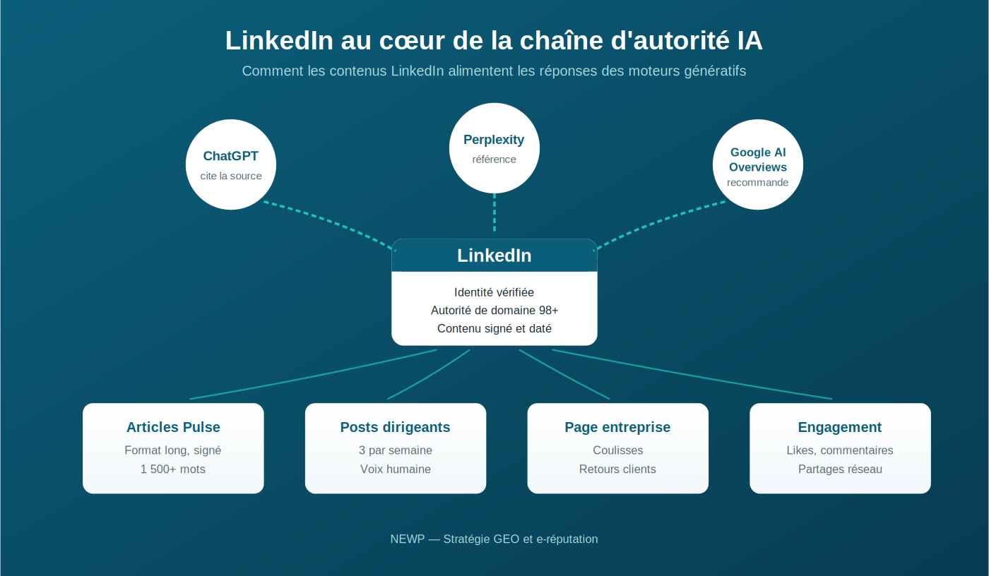 Schéma illustrant la chaîne d'autorité IA centrée sur LinkedIn : trois moteurs de réponse IA (ChatGPT cite la source, Perplexity référence, Google AI Overviews recommande) pointent vers LinkedIn caractérisé par trois signaux clés (identité vérifiée, autorité de domaine 98 plus, contenu signé et daté). LinkedIn alimente ensuite quatre leviers de contenu : Articles Pulse (format long signé, 1500 plus mots), Posts dirigeants (3 par semaine, voix humaine), Page entreprise (coulisses, retours clients), Engagement (likes, commentaires, partages réseau)