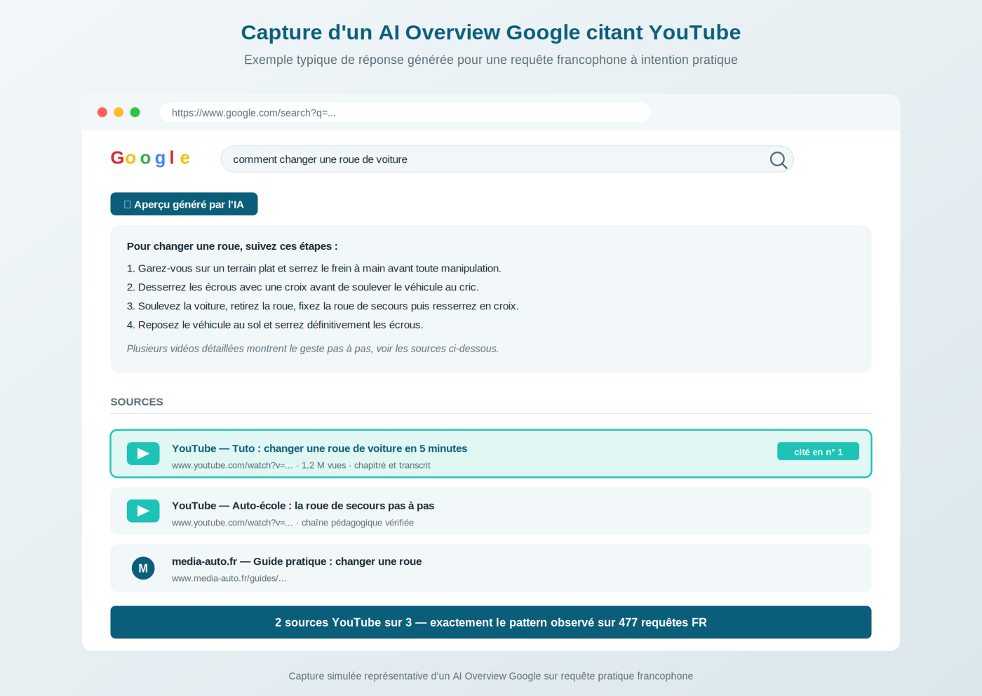 Capture simulée d'un AI Overview Google sur la requête « comment changer une roue de voiture » : Google affiche un aperçu généré par l'IA en 4 étapes (garez-vous sur un terrain plat, desserrez les écrous avec une croix, soulevez la voiture et fixez la roue de secours, reposez le véhicule au sol). La zone Sources liste 3 résultats dont 2 sont des vidéos YouTube : YouTube Tuto changer une roue de voiture en 5 minutes (1,2 M vues, chapitré et transcrit, cité en numéro 1), YouTube Auto-école la roue de secours pas à pas (chaîne pédagogique vérifiée), et un site média-auto.fr en 3e position. Mention en bas : 2 sources YouTube sur 3, exactement le pattern observé sur 477 requêtes FR