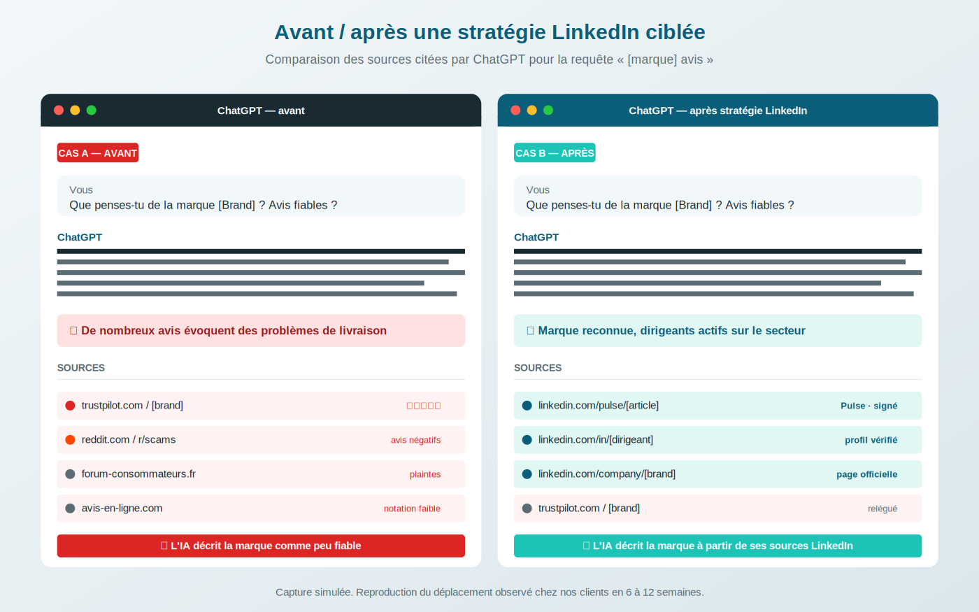 Comparatif avant/après d'une réponse ChatGPT à la requête « que penses-tu de la marque [Brand] ? Avis fiables ? ». À gauche le cas A avant stratégie LinkedIn : ChatGPT répond que de nombreux avis évoquent des problèmes de livraison, en s'appuyant sur 4 sources négatives (trustpilot.com, reddit.com r/scams avec avis négatifs, forum-consommateurs.fr avec plaintes, avis-en-ligne.com avec notation faible). Conclusion : l'IA décrit la marque comme peu fiable. À droite le cas B après stratégie LinkedIn : ChatGPT répond que la marque est reconnue avec des dirigeants actifs sur le secteur, en s'appuyant sur 3 sources LinkedIn (linkedin.com/pulse/article Pulse signé, linkedin.com/in/dirigeant profil vérifié, linkedin.com/company/brand page officielle), Trustpilot étant relégué. Conclusion : l'IA décrit la marque à partir de ses sources LinkedIn. Mention en bas : capture simulée, reproduction du déplacement observé chez les clients NEWP en 6 à 12 semaines