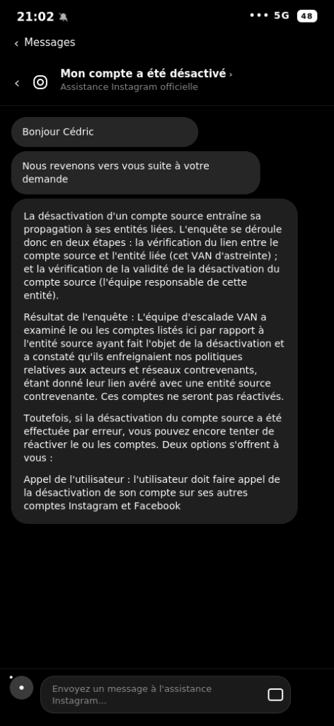 Notification Meta de désactivation de compte