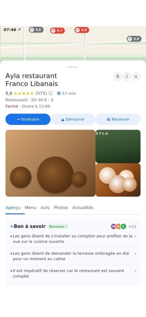 Bloc Bon à savoir sur la fiche Google Maps du restaurant Ayla Paris