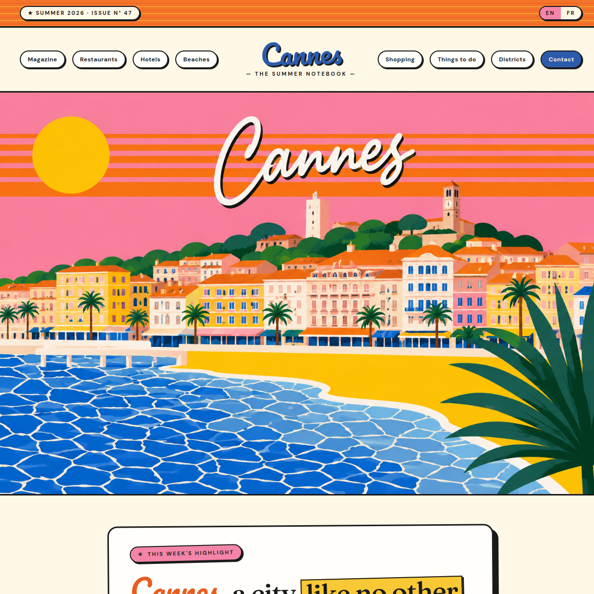 Capture écran homepage Cannes-City — direction artistique néo-brutaliste pop-art riviera, illustration vintage de la Croisette
