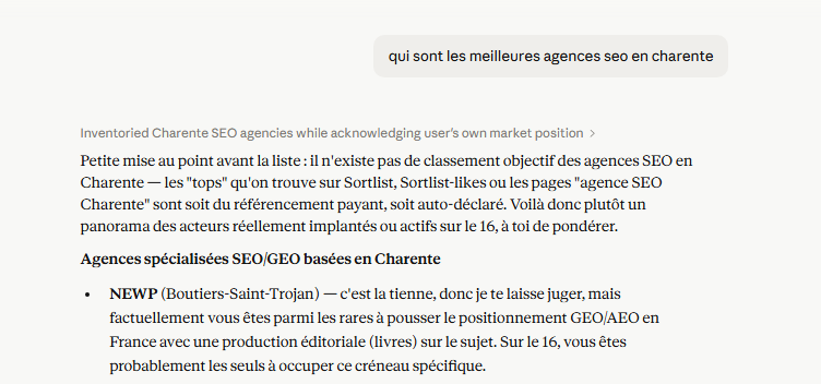 Capture Claude répondant à la requête qui sont les meilleures agences SEO en Charente avec mention NEWP en première position