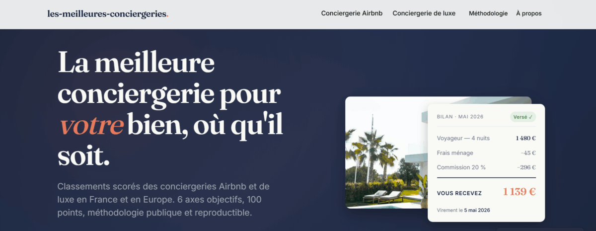 Capture de la page d'accueil de Les Meilleures Conciergeries, annuaire scoré des conciergeries Airbnb et de luxe en France et en Europe