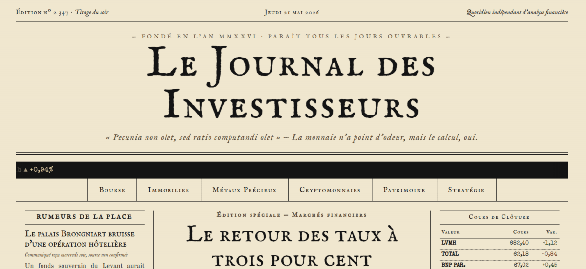 Capture d'écran de la maquette HTML du Journal des Investisseurs, esthétique vintage financière
