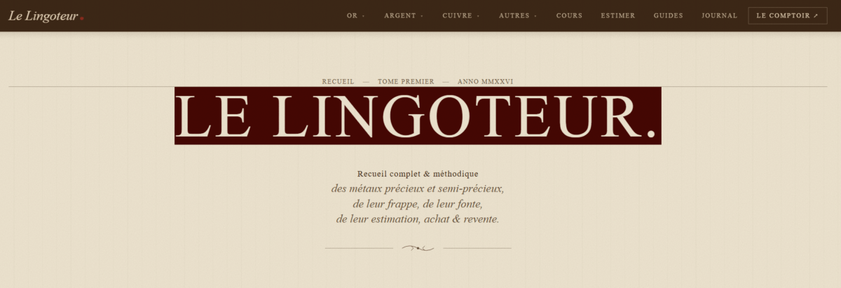 Capture d'écran de la page d'accueil de Le Lingoteur, site spécialiste des lingots de métaux précieux