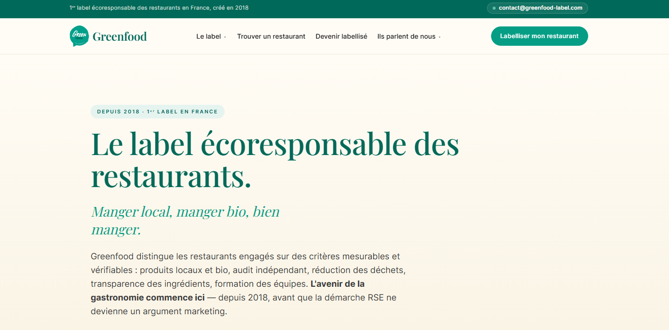 Capture de la home du site Green Food refondu — direction artistique minimaliste vert sapin et écru, typographie serif élégante, score EcoIndex A 84/100