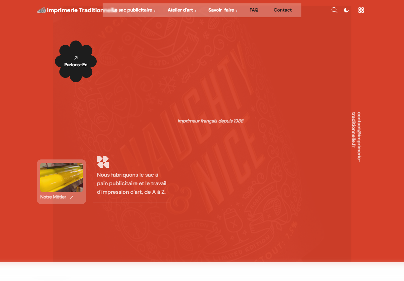 Direction 1 de la refonte du site Imprimerie Traditionnelle : univers rouge audacieux valorisant le sac à pain publicitaire et l'impression d'art