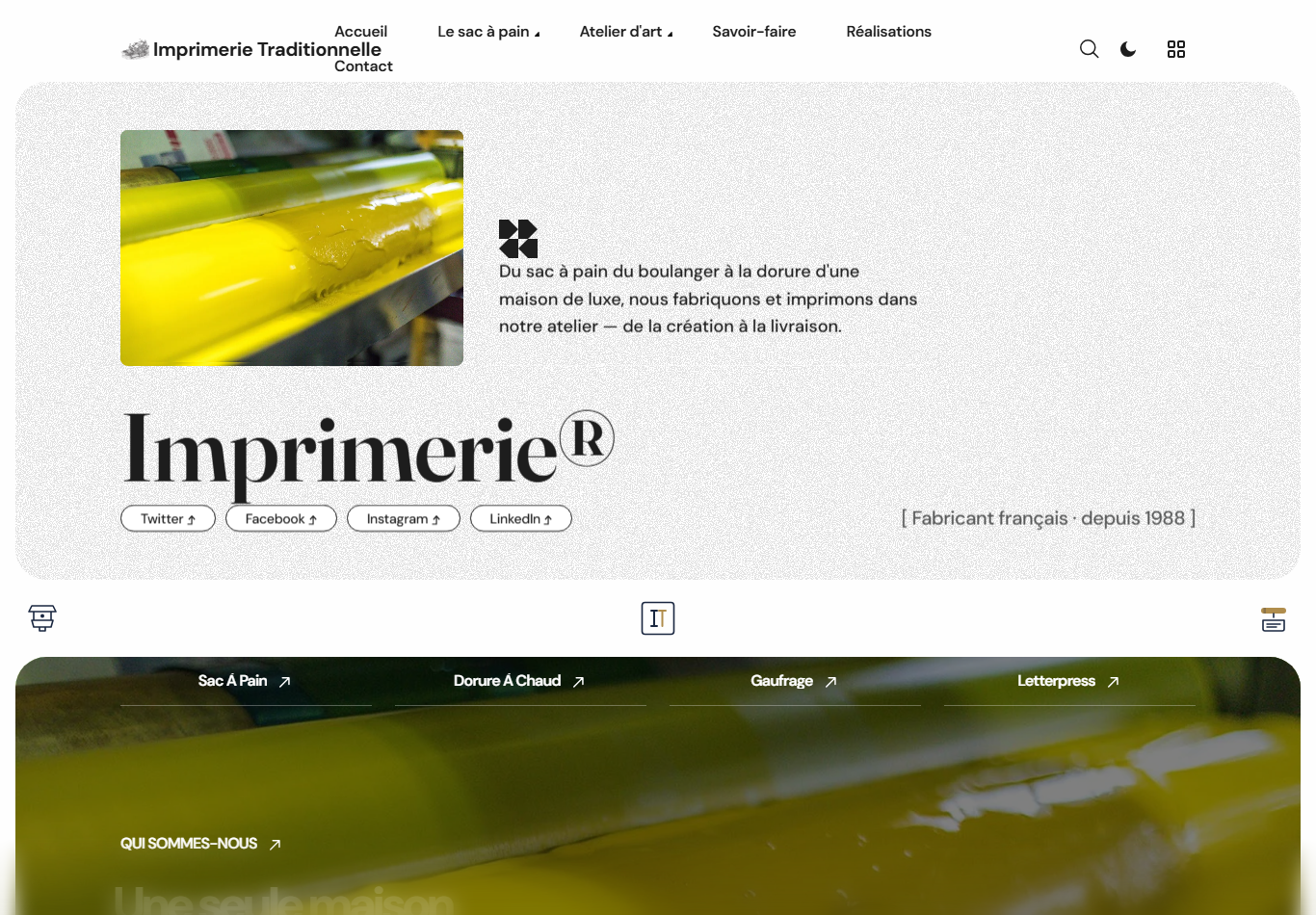 Direction 2 de la refonte du site Imprimerie Traditionnelle : mise en page éditoriale épurée façon magazine, mise en avant des savoir-faire