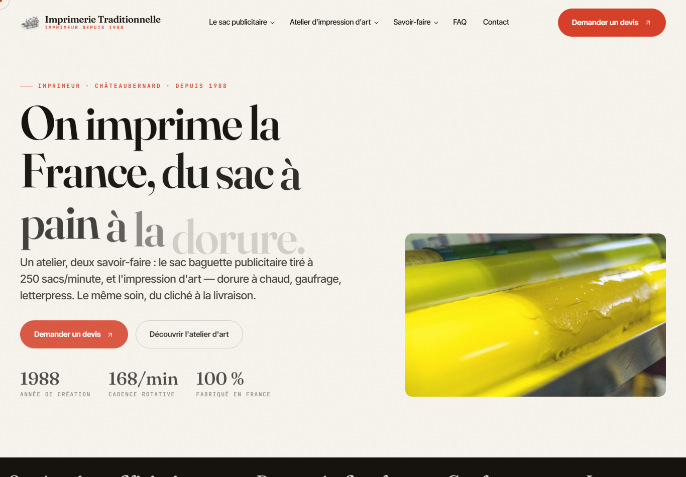 Direction 3 de la refonte du site Imprimerie Traditionnelle : direction narrative avec chiffres clés et storytelling du métier d'imprimeur