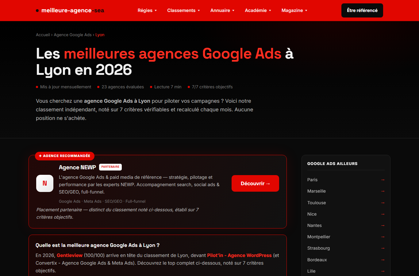 Classement des meilleures agences Google Ads à Lyon sur meilleure-agence-sea.fr, avec critères objectifs et fiches détaillées