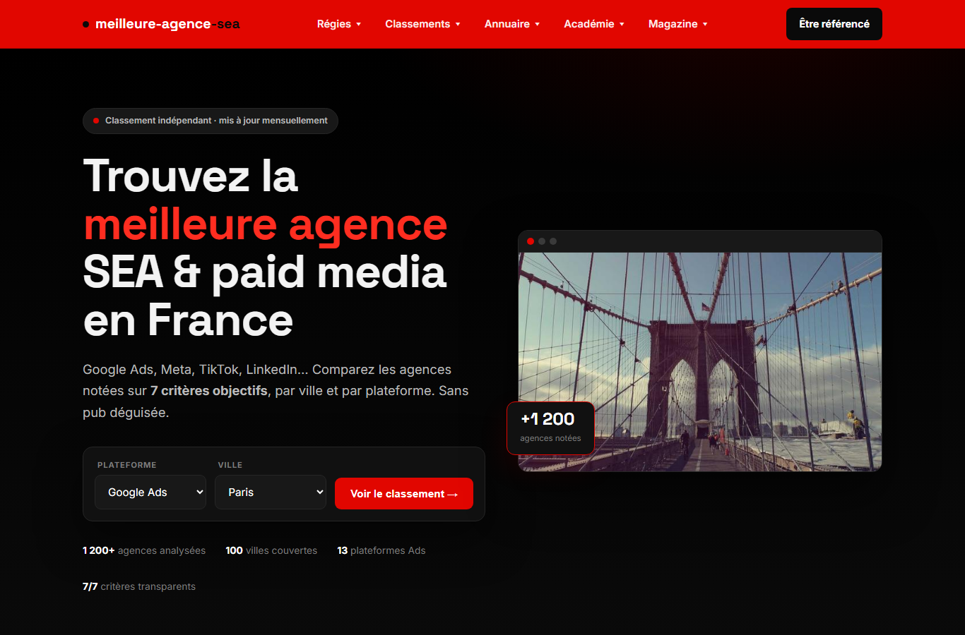 Page d'accueil de meilleure-agence-sea.fr : classement des meilleures agences SEA et paid media en France, direction artistique noir et rouge