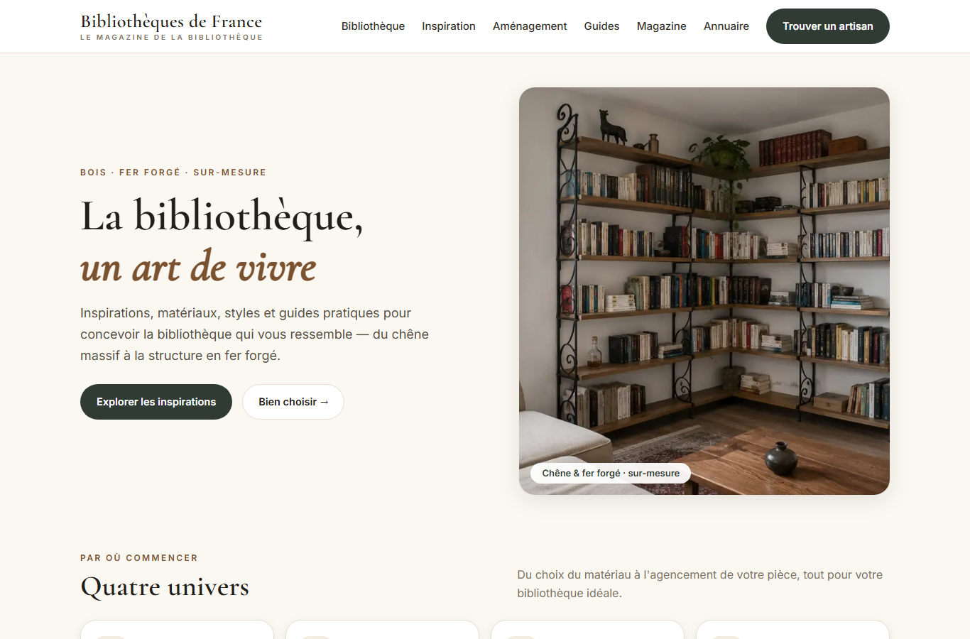 Page d'accueil de Bibliothèques de France : magazine dédié à la bibliothèque et à l'art du rangement (bois, fer forgé)