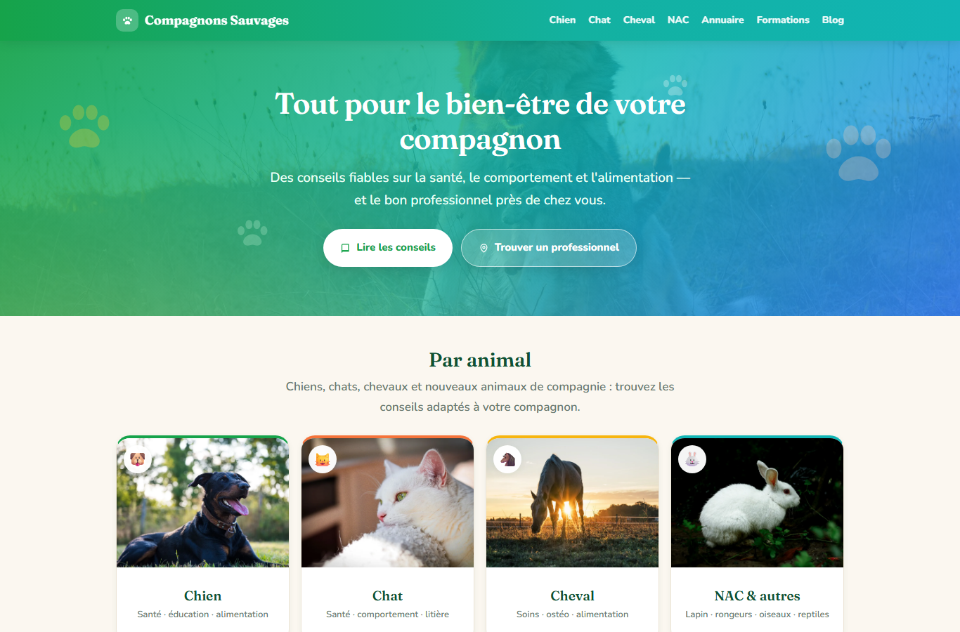 Page d'accueil de Compagnons Sauvages : média et annuaire pour le bien-être des animaux (chiens, chats, chevaux, NAC)