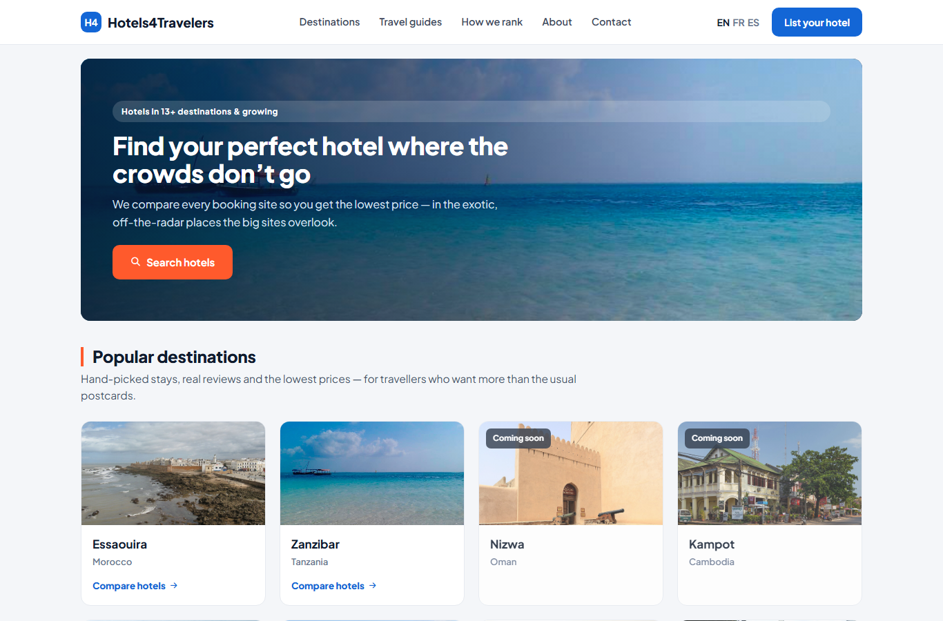 Page d'accueil de Hotels4Travelers : comparateur d'hôtels indépendant pour les destinations confidentielles et exotiques