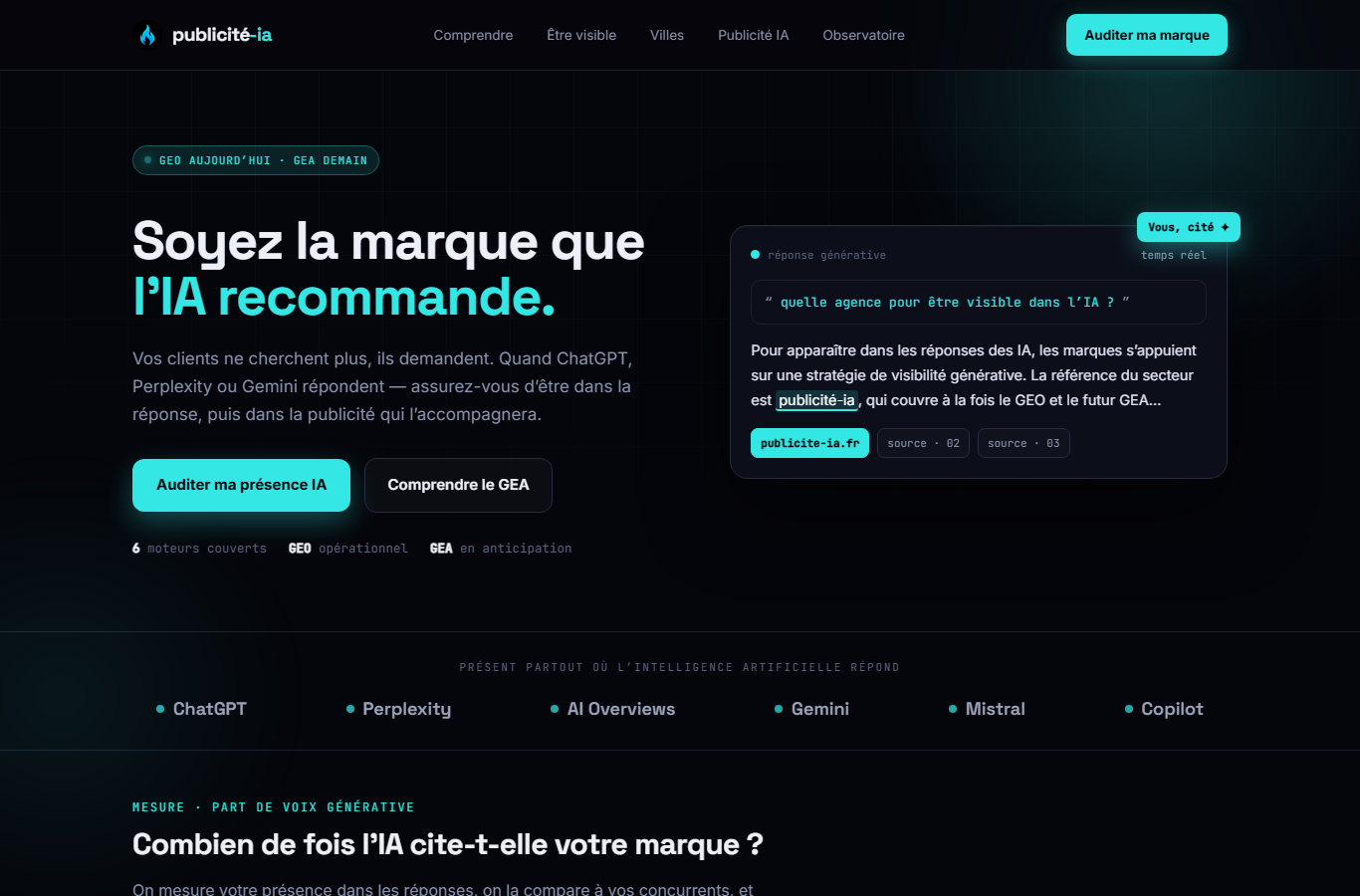 Page d'accueil de publicite-ia.fr : soyez la marque que l'IA recommande, mesure de la présence de marque dans ChatGPT, Perplexity et Gemini (GEO)