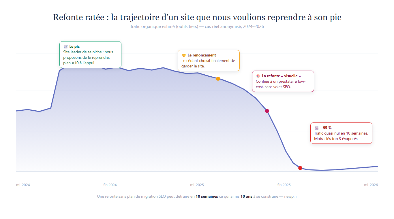 Trajectoire d'un site après une refonte ratée : pic de trafic, renoncement du cédant à la vente, refonte visuelle low-cost puis effondrement de 95 % du trafic organique